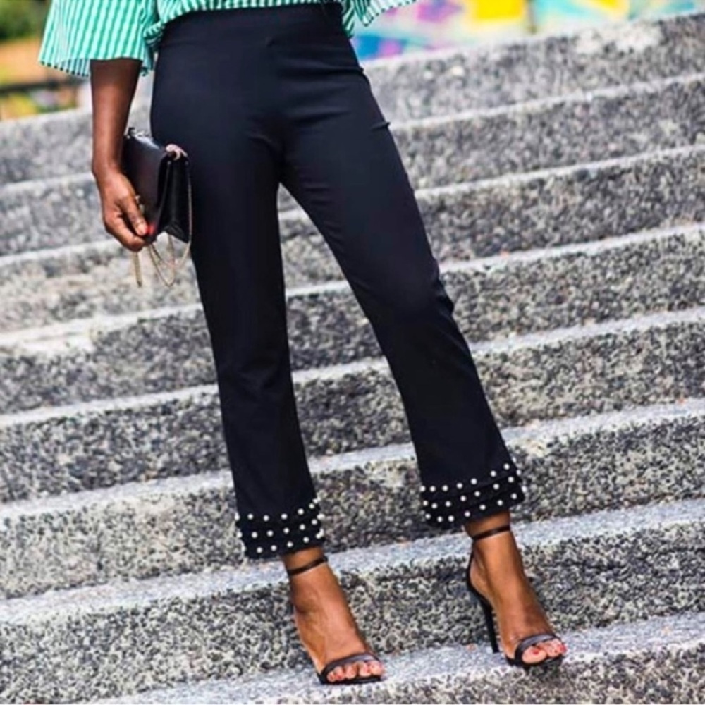 Zara Black Cropped Crepe Pearl Embellished Hem Trousers Small